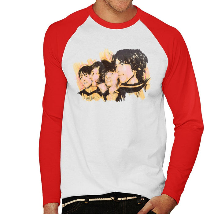 Sidney Maurer Original Portrait Of The Beatles Side Profile Mens Baseball Long Sleeved T-Shirt - Small / White/Red - Mens Baseball Long