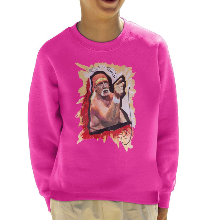 Sidney Maurer Original Portrait Of Hulk Hogan Kids Sweatshirt - X-Small (3-4 yrs) / Hot Pink - Kids Boys Sweatshirt