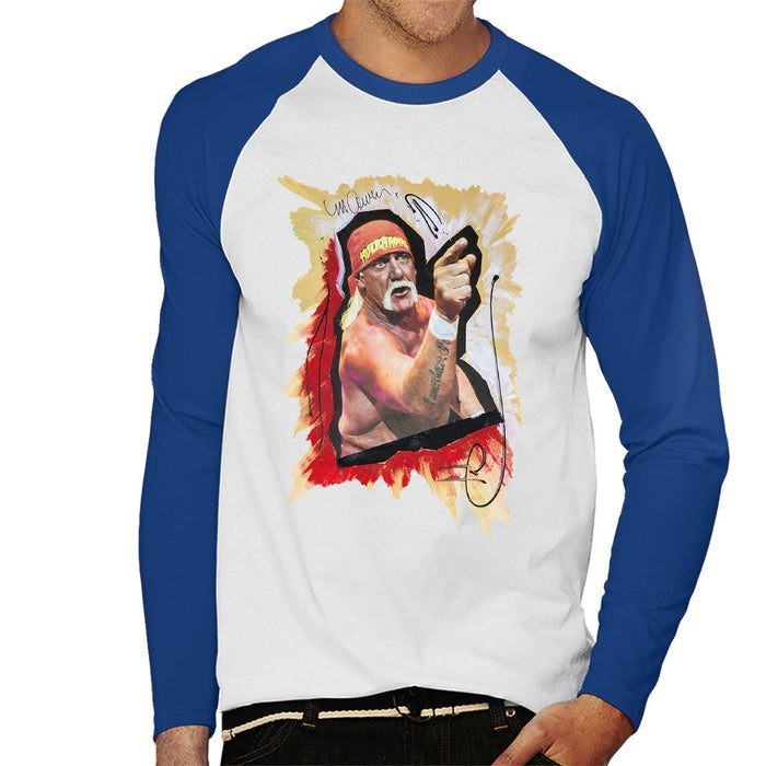 Sidney Maurer Original Portrait Of Hulk Hogan Mens Baseball Long Sleeved T-Shirt - Small / White/Royal - Mens Baseball Long Sleeved T-Shirt