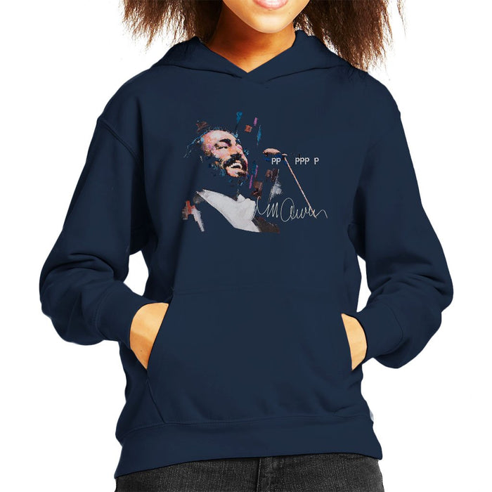 Sidney Maurer Original Portrait Of Luciano Pavarotti Kids Hooded Sweatshirt - X-Small (3-4 yrs) / Navy Blue - Kids Boys Hooded Sweatshirt