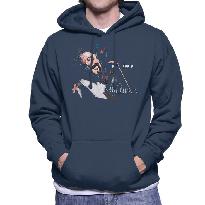Sidney Maurer Original Portrait Of Luciano Pavarotti Mens Hooded Sweatshirt - Small / Navy Blue - Mens Hooded Sweatshirt