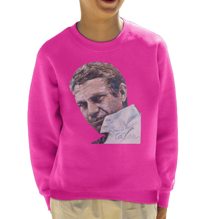 Sidney Maurer Original Portrait Of Steve McQueen Kids Sweatshirt - X-Small (3-4 yrs) / Hot Pink - Kids Boys Sweatshirt