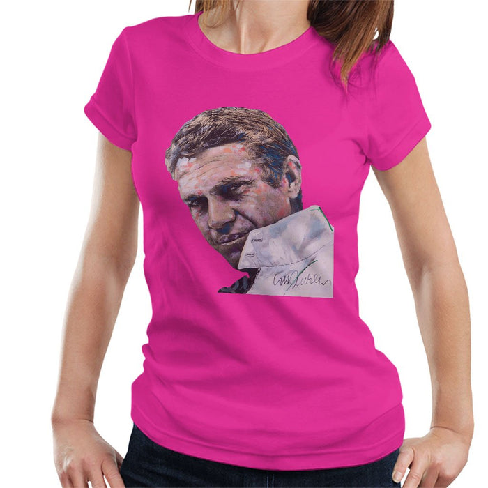 Sidney Maurer Original Portrait Of Steve McQueen Womens T-Shirt - Small / Hot Pink - Womens T-Shirt