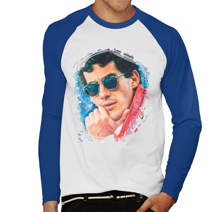 Sidney Maurer Original Portrait Of Ayrton Senna Mens Baseball Long Sleeved T-Shirt - Small / White/Royal - Mens Baseball Long Sleeved