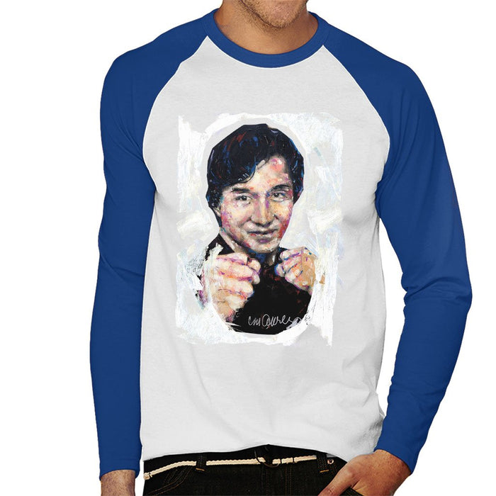 Sidney Maurer Original Portrait Of Jackie Chan Mens Baseball Long Sleeved T-Shirt - Small / White/Royal - Mens Baseball Long Sleeved T-Shirt