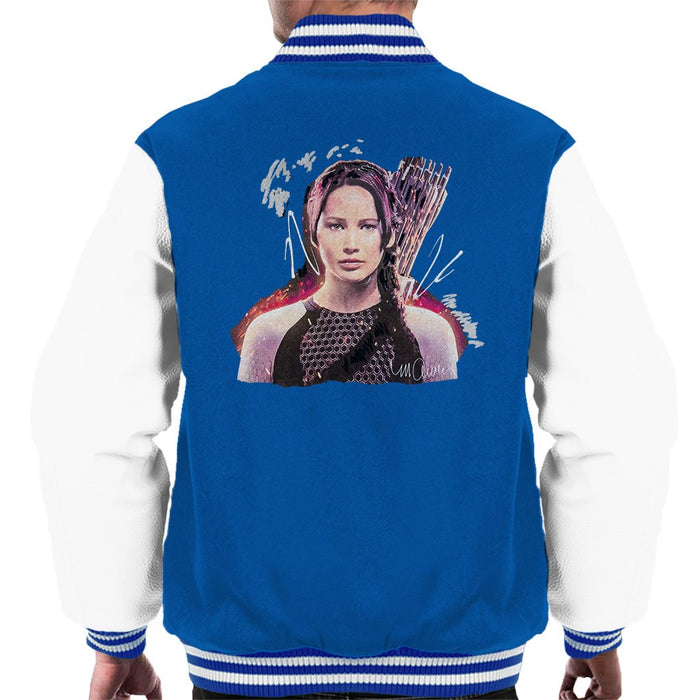 Sidney Maurer Original Portrait Of Jennifer Lawrence Hunger Games Mens Varsity Jacket - Small / Royal/White - Mens Varsity Jacket