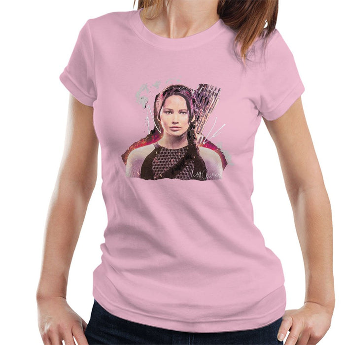 Sidney Maurer Original Portrait Of Jennifer Lawrence Hunger Games Womens T-Shirt - Small / Light Pink - Womens T-Shirt