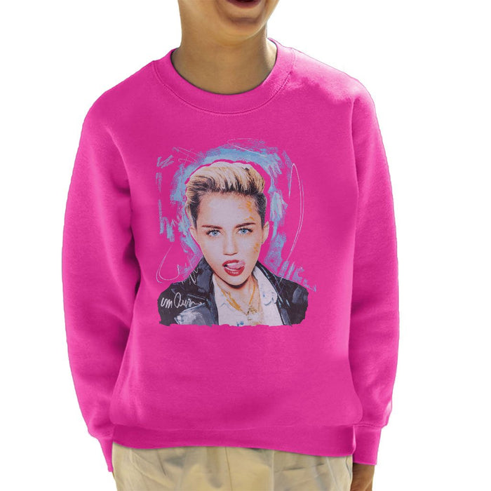Sidney Maurer Original Portrait Of Miley Cyrus Licking Lips Kids Sweatshirt - X-Small (3-4 yrs) / Hot Pink - Kids Boys Sweatshirt