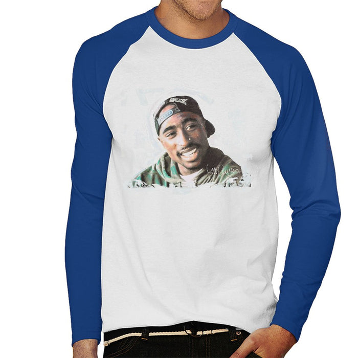 Sidney Maurer Original Portrait Of Tupac Shakur Mens Baseball Long Sleeved T-Shirt - Small / White/Royal - Mens Baseball Long Sleeved