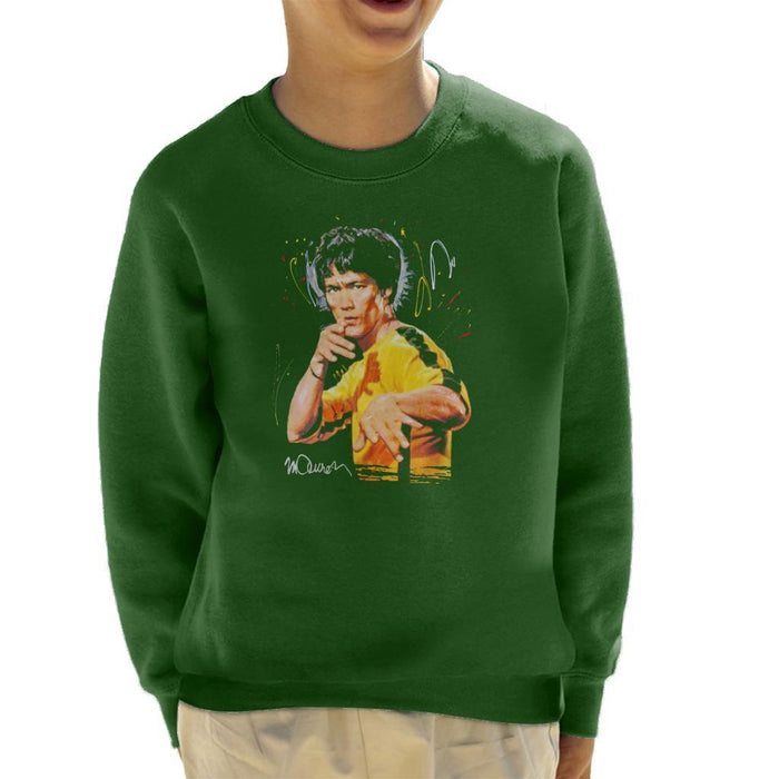Sidney Maurer Original Portrait Of Bruce Lee Game Of Death Kids Sweatshirt - X-Small (3-4 yrs) / Bottle Green - Kids Boys Sweatshirt