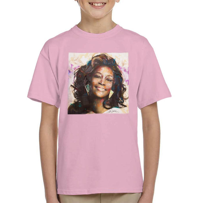 Sidney Maurer Original Portrait Of Whitney Houston Triangle Earrings Kids T-Shirt - X-Small (3-4 yrs) / Light Pink - Kids Boys T-Shirt