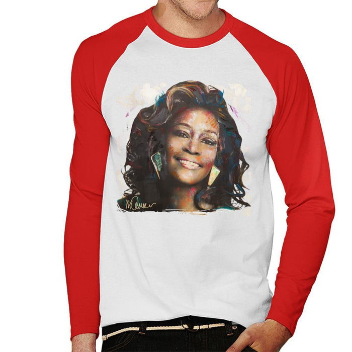 Sidney Maurer Original Portrait Of Whitney Houston White Mens Baseball Long Sleeved T-Shirt - Mens Baseball Long Sleeved T-Shirt