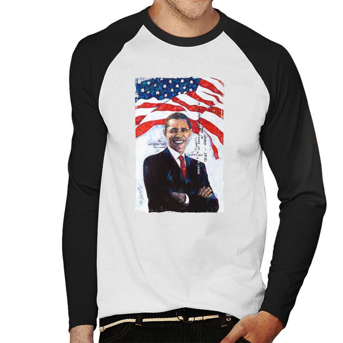 Sidney Maurer Original Portrait Of Barack Obama Mens Baseball Long Sleeved T-Shirt - Mens Baseball Long Sleeved T-Shirt