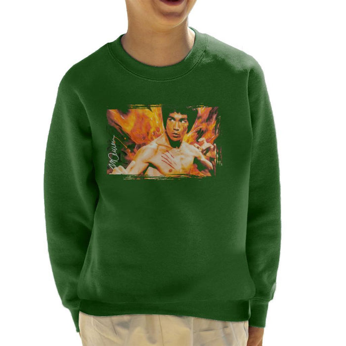 Sidney Maurer Original Portrait Of Bruce Lee Flames Enter The Dragon Kids Sweatshirt - X-Small (3-4 yrs) / Bottle Green - Kids Boys