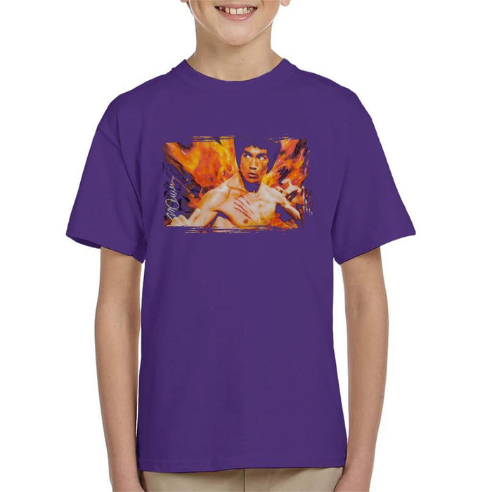 Sidney Maurer Original Portrait Of Bruce Lee Flames Enter The Dragon Kids T-Shirt - X-Small (3-4 yrs) / Purple - Kids Boys T-Shirt