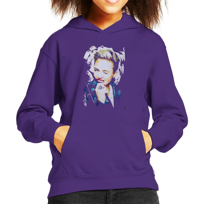 Sidney Maurer Original Portrait Of Miley Cyrus Biting Collar Kids Hooded Sweatshirt - X-Small (3-4 yrs) / Purple - Kids Boys Hooded