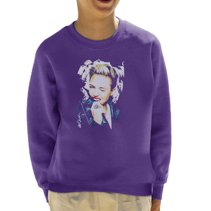 Sidney Maurer Original Portrait Of Miley Cyrus Biting Collar Kids Sweatshirt - X-Small (3-4 yrs) / Purple - Kids Boys Sweatshirt