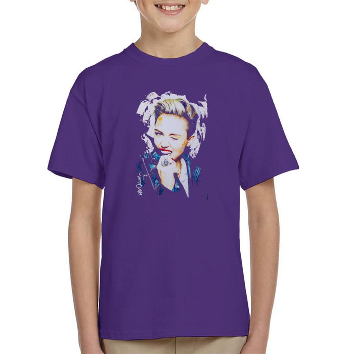 Sidney Maurer Original Portrait Of Miley Cyrus Biting Collar Kids T-Shirt - X-Small (3-4 yrs) / Purple - Kids Boys T-Shirt