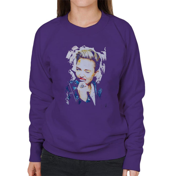 Sidney Maurer Original Portrait Of Miley Cyrus Biting Collar Womens Sweatshirt - Small / Purple - Womens Sweatshirt