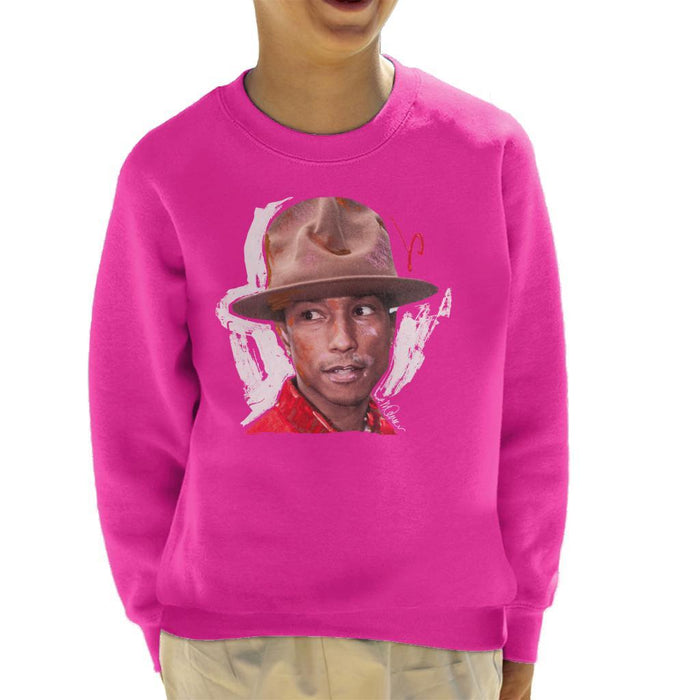 Sidney Maurer Original Portrait Of Pharrel Williams Hat Kids Sweatshirt - X-Small (3-4 yrs) / Hot Pink - Kids Boys Sweatshirt