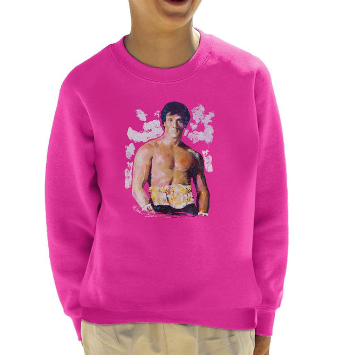 Sidney Maurer Original Portrait Of Sylvester Stallone Belt Kids Sweatshirt - X-Small (3-4 yrs) / Hot Pink - Kids Boys Sweatshirt