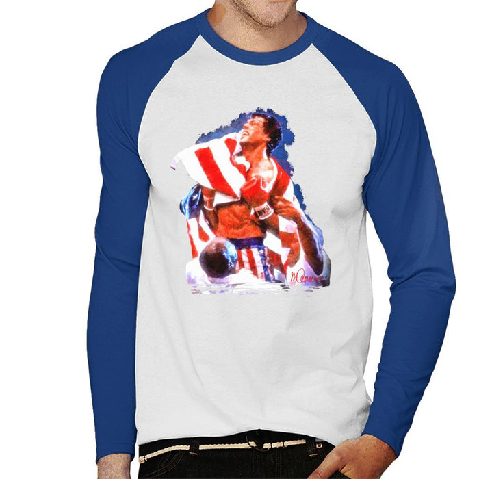 Sidney Maurer Original Portrait Of Sylvester Stallone Rocky IV Mens Baseball Long Sleeved T-Shirt - Small / White/Navy - Mens Baseball Long