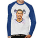 Sidney Maurer Original Portrait Of Cristiano Ronaldo Closeup Mens Baseball Long Sleeved T-Shirt - Small / White/Royal - Mens Baseball Long