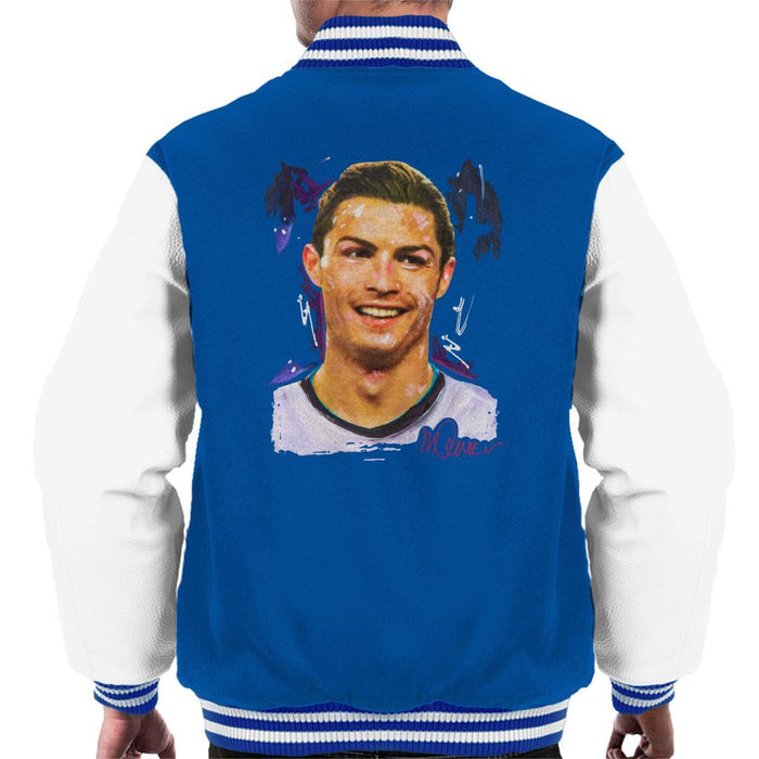 Sidney Maurer Original Portrait Of Cristiano Ronaldo Closeup Mens Varsity Jacket - Small / Royal/White - Mens Varsity Jacket