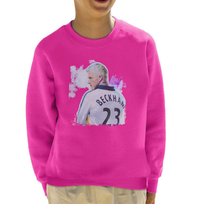 Sidney Maurer Original Portrait Of David Beckham Real Madrid Kit Kids Sweatshirt - X-Small (3-4 yrs) / Hot Pink - Kids Boys Sweatshirt