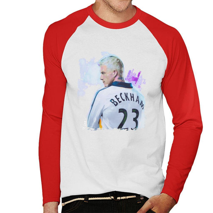 Sidney Maurer Original Portrait Of David Beckham Real Madrid Kit Mens Baseball Long Sleeved T-Shirt - Mens Baseball Long Sleeved T-Shirt