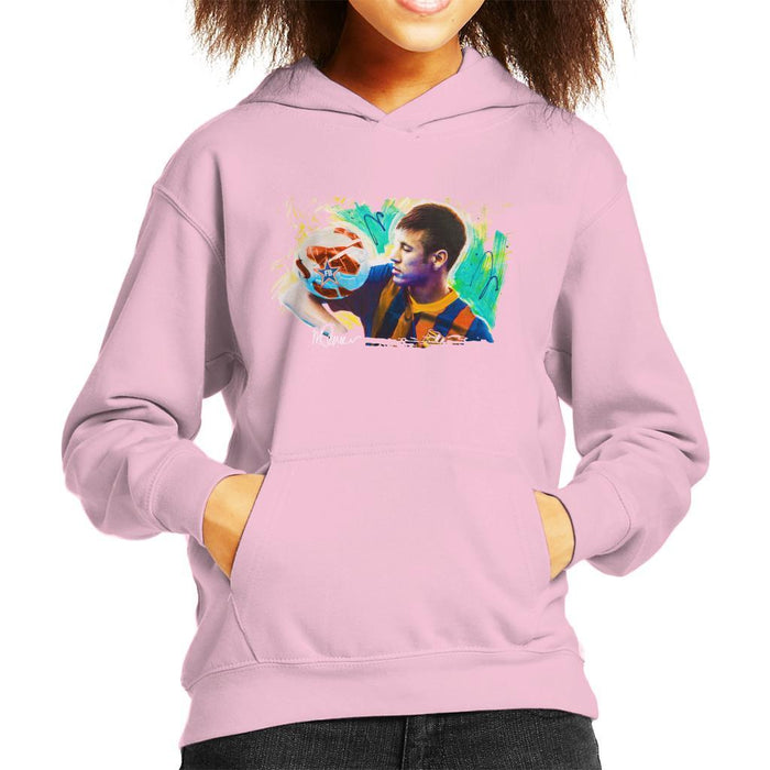 Sidney Maurer Original Portrait Of Neymar Barcelona Kids Hooded Sweatshirt - X-Small (3-4 yrs) / Light Pink - Kids Boys Hooded Sweatshirt