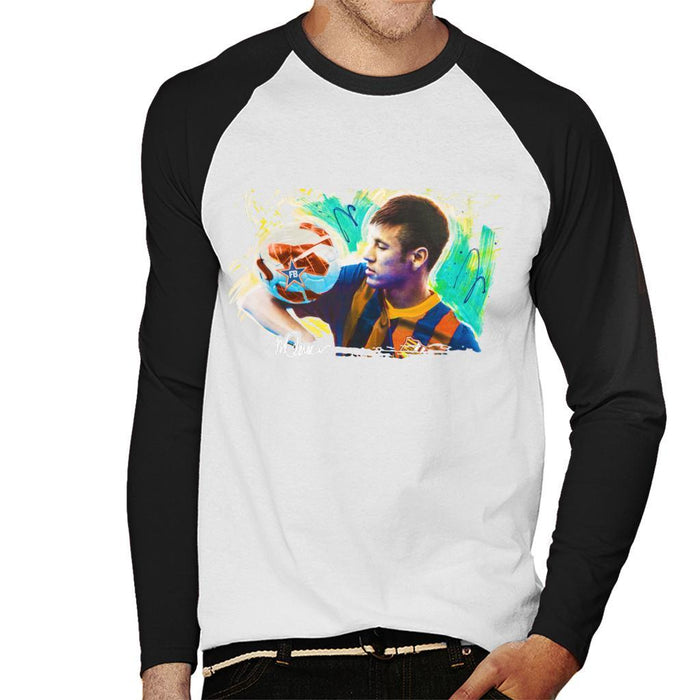 Sidney Maurer Original Portrait Of Neymar Barcelona Mens Baseball Long Sleeved T-Shirt - Mens Baseball Long Sleeved T-Shirt