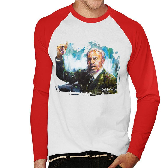 Sidney Maurer Original Portrait Of Fidel Castro Mens Baseball Long Sleeved T-Shirt - Mens Baseball Long Sleeved T-Shirt