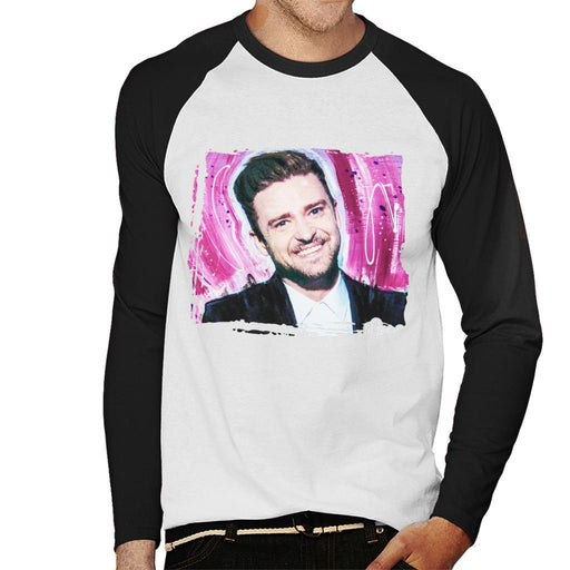 Sidney Maurer Original Portrait Of Justin Timberlake Smile Mens Baseball Long Sleeved T-Shirt - Mens Baseball Long Sleeved T-Shirt