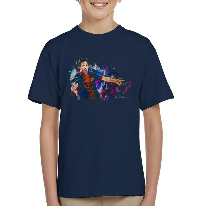 Sidney Maurer Original Portrait Of Lionel Messi FCB Badge Kids T-Shirt - X-Small (3-4 yrs) / Navy Blue - Kids Boys T-Shirt