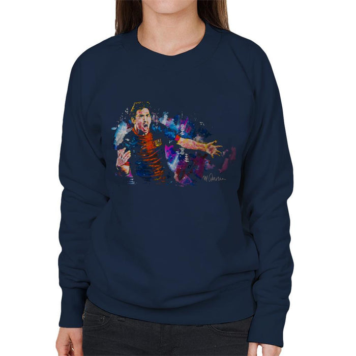 Sidney Maurer Original Portrait Of Lionel Messi FCB Badge Womens Sweatshirt - Small / Navy Blue - Womens Sweatshirt