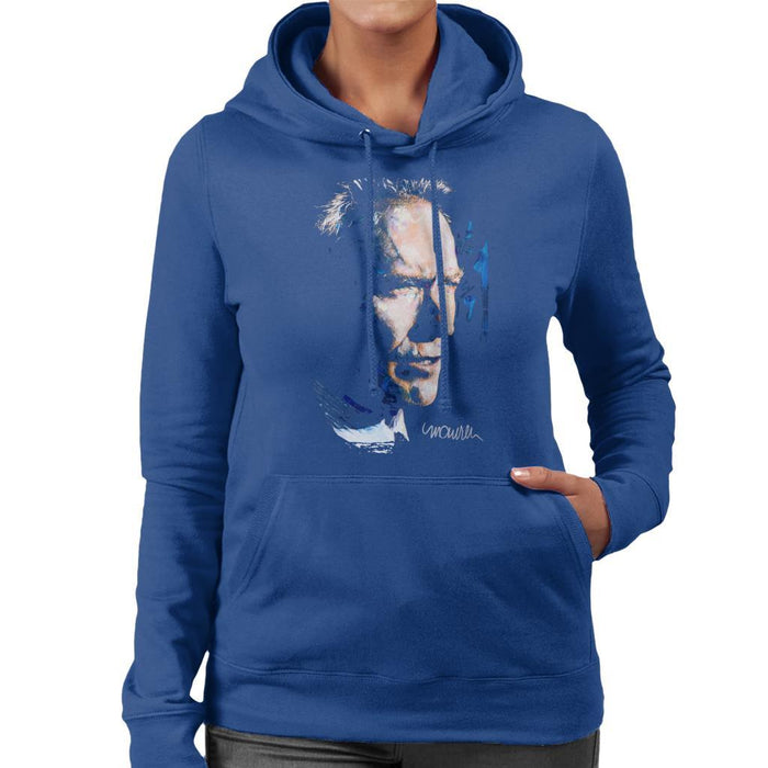 Sidney Maurer Original Portrait Of Clint Eastwood Womens Hooded Sweatshirt - Small / Royal Blue - Womens Hooded Sweatshirt