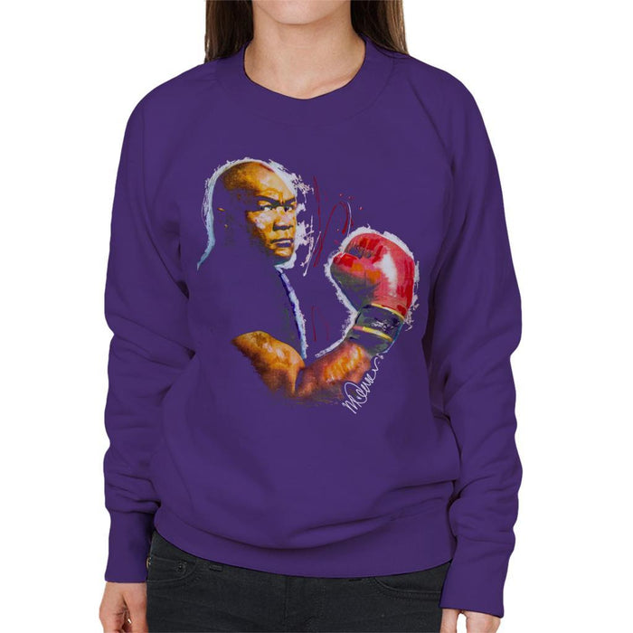 Sidney Maurer Original Portrait Of George Foreman Womens Sweatshirt - Small / Purple - Womens Sweatshirt
