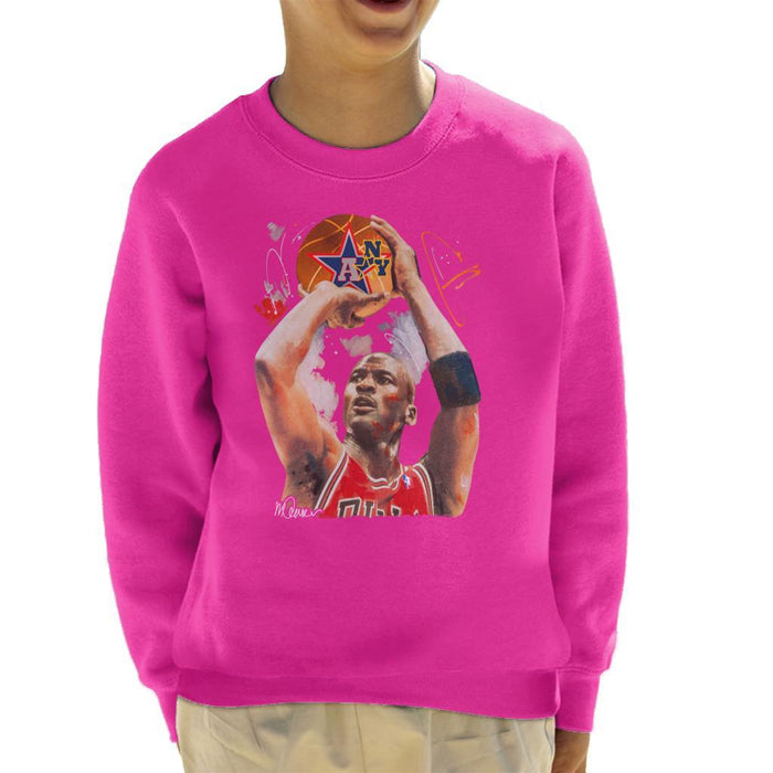 Sidney Maurer Original Portrait Of Michael Jordan Bulls Red Jersey Kids Sweatshirt - X-Small (3-4 yrs) / Hot Pink - Kids Boys Sweatshirt