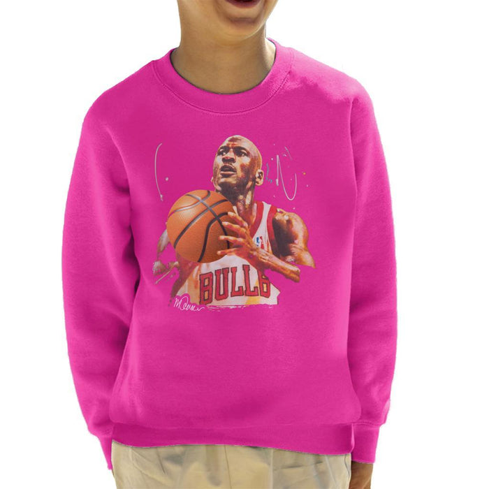 Sidney Maurer Original Portrait Of Michael Jordan Bulls White Jersey Kids Sweatshirt - X-Small (3-4 yrs) / Hot Pink - Kids Boys Sweatshirt