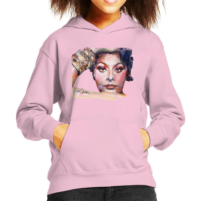 Sidney Maurer Original Portrait Of Sophia Loren Kids Hooded Sweatshirt - X-Small (3-4 yrs) / Light Pink - Kids Boys Hooded Sweatshirt