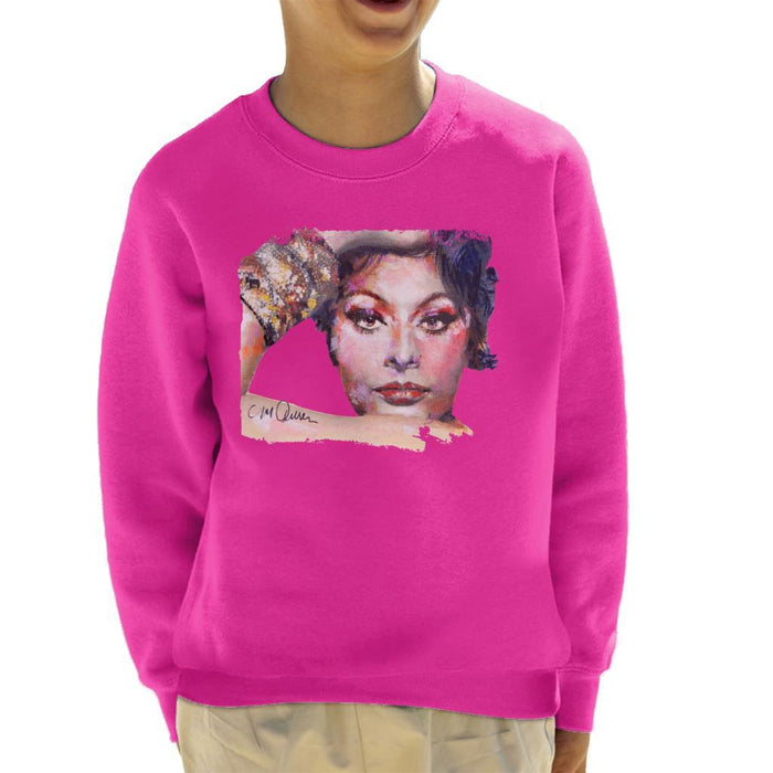 Sidney Maurer Original Portrait Of Sophia Loren Kids Sweatshirt - X-Small (3-4 yrs) / Hot Pink - Kids Boys Sweatshirt
