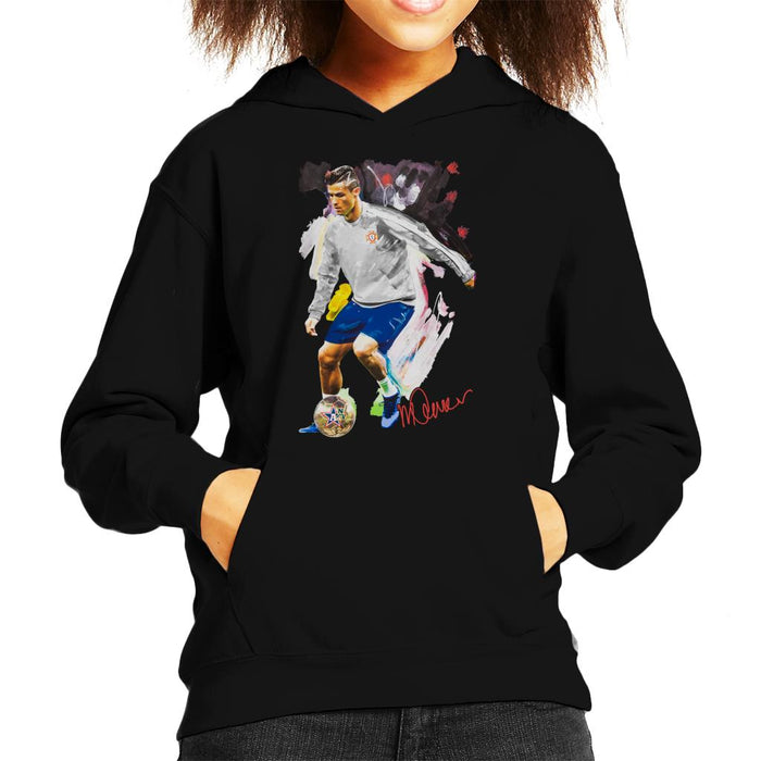 Sidney Maurer Original Portrait Of Cristiano Ronaldo Dribbling A Football Kid's Hooded Sweatshirt