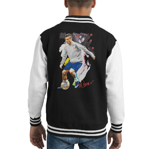 Sidney Maurer Original Portrait Of Cristiano Ronaldo Dribbling A Football Kid's Varsity Jacket